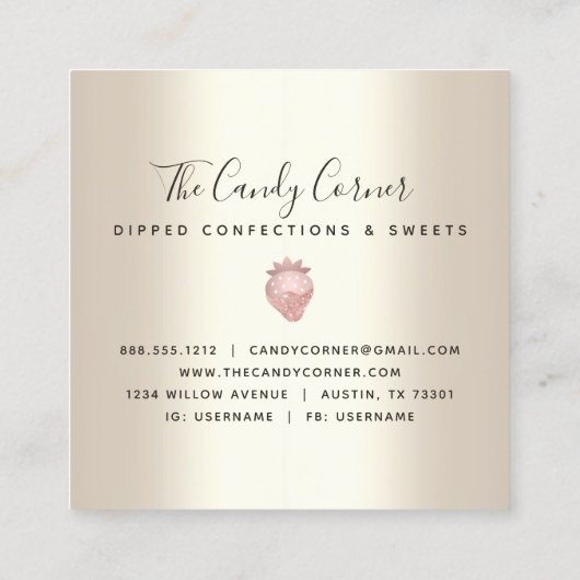Roze glitterschijven chocolade aardbei en zoet gou vierkante visitekaartje (Achterkant)