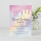 Roze glitterschijven regenboogholografisch zoet 16 kaart (Staand voorkant)