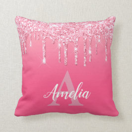 Roze glitterschijven Voeg je eigen monogram meisje Kussen