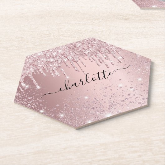 Roze glitterscript met naam kartonnen onderzetters (Schuin)