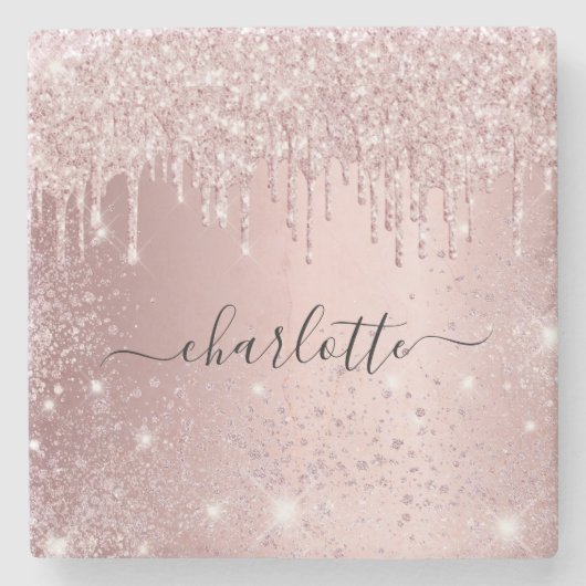 Roze glitterscript met naam stenen onderzetter (Voorkant)