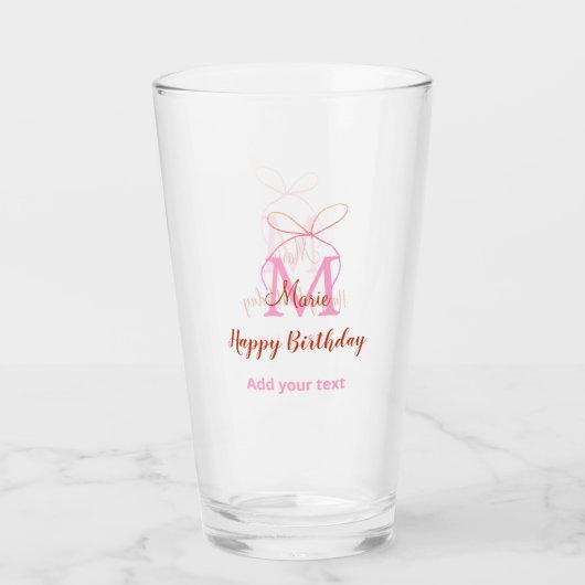 Roze glittersjabloon met naam letter monogram verj glas (Voorkant)