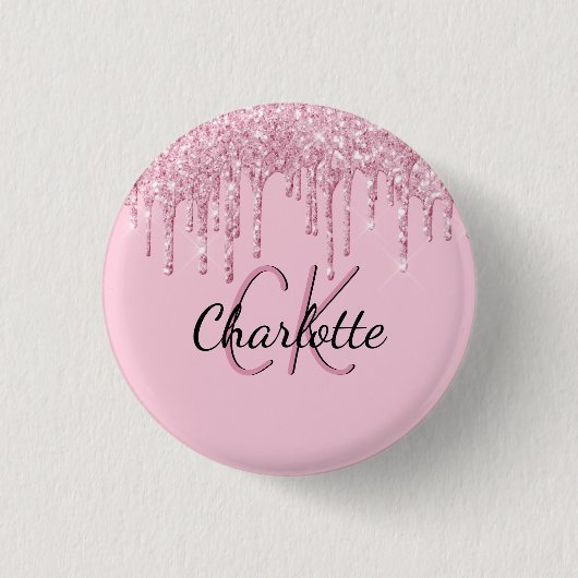 Roze glitterslierten aangepaste monogramnaam ronde button 3,2 cm (Voorkant)