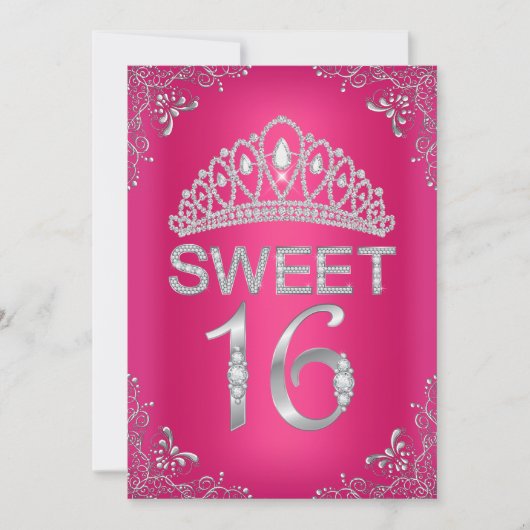 Roze glitterspareldiadeem Sweet 16 uitnodiging (Voorkant)