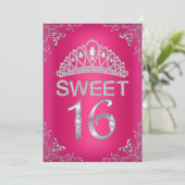 Roze glitterspareldiadeem Sweet 16 uitnodiging (Staand voorkant)
