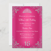 Roze glitterspareldiadeem Sweet 16 uitnodiging (Achterkant)