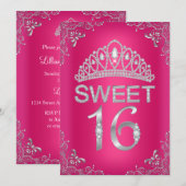 Roze glitterspareldiadeem Sweet 16 uitnodiging (Voorkant / Achterkant)