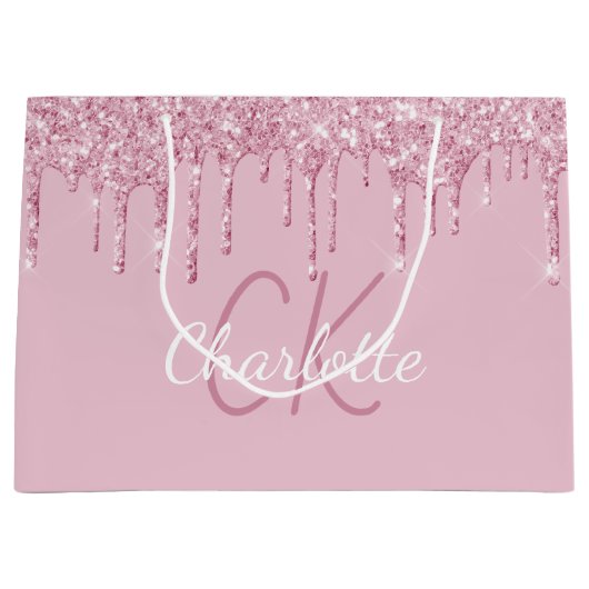 Roze glittersprenkels monogram glans luxe groot cadeauzakje (Voorkant)