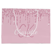 Roze glittersprenkels monogram glans luxe groot cadeauzakje (Achterkant)