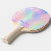 Roze glitterstof regenboogmeisjes paarse monogram tafeltennisbatje (Voorkant Gekanteld)