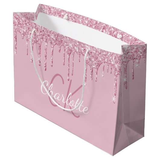 Roze glittersuiker druppels monogram glans luxe groot cadeauzakje (Achterkant Gekanteld)