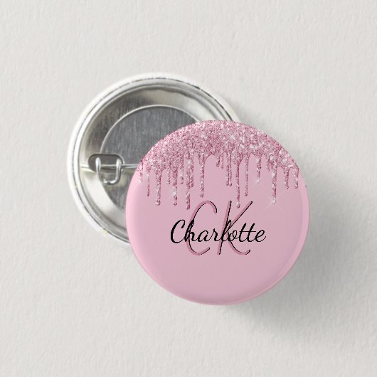Roze glittersuikers custom naam monogram ronde button 3,2 cm (Voorkant /achterkant)