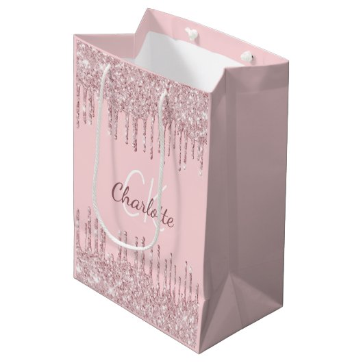 Roze glittersuikers Rode monogram script luxe Medium Cadeauzakje (Voorkant Gekanteld)