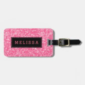Roze glittertextuur met zwarte accessoire bagagelabel (Voorkant horizontaal)