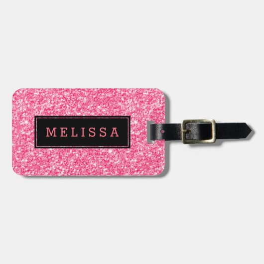 Roze glittertextuur met zwarte accessoire bagagelabel (Voorkant horizontaal)