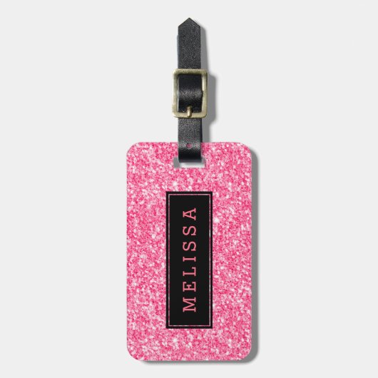Roze glittertextuur met zwarte accessoire bagagelabel (Voorkant verticaal)