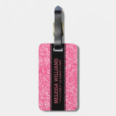 Roze glittertextuur met zwarte accessoire bagagelabel (Achterkant verticaal)