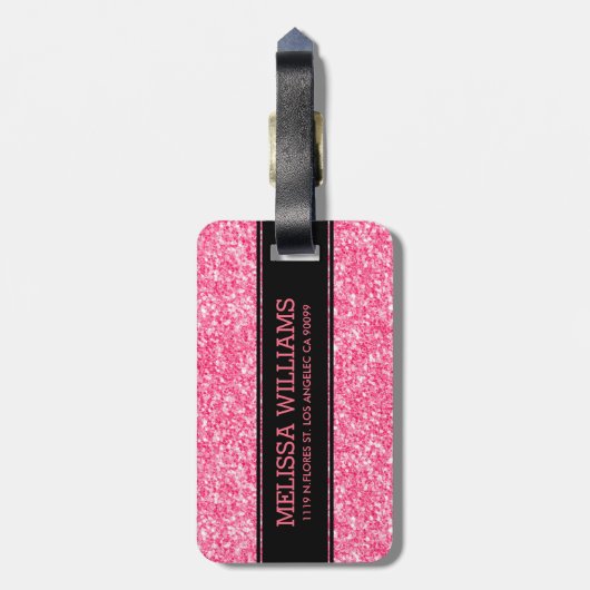 Roze glittertextuur met zwarte accessoire bagagelabel (Achterkant verticaal)
