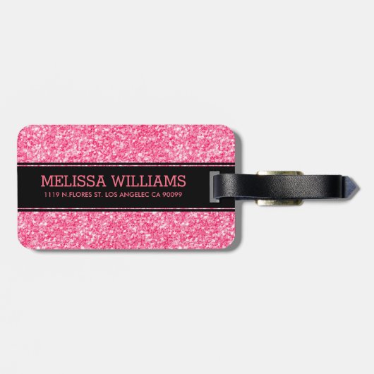 Roze glittertextuur met zwarte accessoire bagagelabel (Achterkant horizontaal)