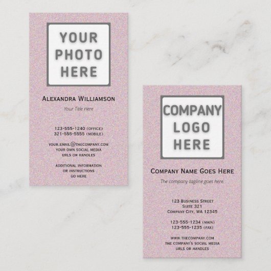 Roze glittery Photo Logo, dubbelzijdig verticaal Visitekaartje (Voorkant / Achterkant)