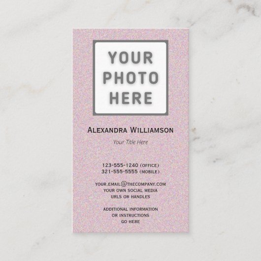Roze glittery Photo Logo, dubbelzijdig verticaal Visitekaartje (Voorkant)