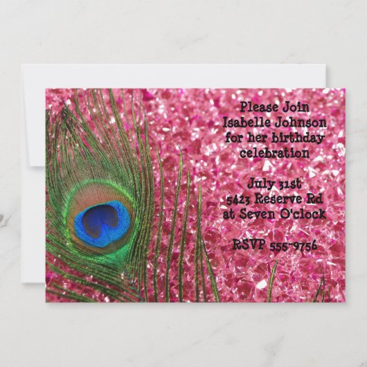 Roze Glittery Rocks Peacock Birthday Uitnodiging (Voorkant)