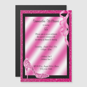 Roze Glittery Stiletto & Streamers 55e verjaardag Magnetische Uitnodiging
