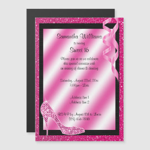 Roze glittery Stiletto & Streamers Sweet 16 Magnetische Uitnodiging