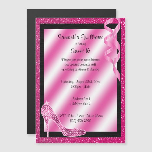 Roze glittery Stiletto & Streamers Sweet 16 Magnetische Uitnodiging (Voorkant / Achterkant)
