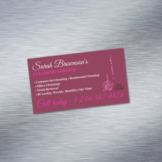 Roze Glitz Glam Cleaning Service Janitorial Magnetisch Visitekaartje (Voorbeeld)