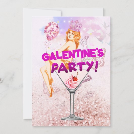 Roze Glitzy Glamoureus Galentine Day Party Kaart (Voorkant)