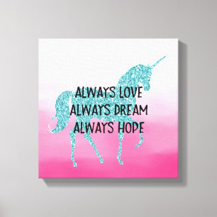 Roze Glitzy Glitter Aqua Unicorn Canvas Afdruk