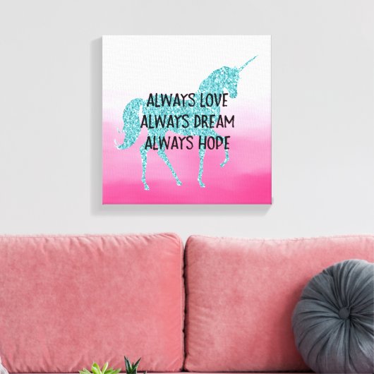 Roze Glitzy Glitter Aqua Unicorn Canvas Afdruk (Insitu (Woonkamer))