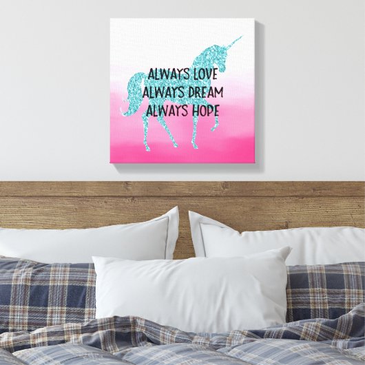 Roze Glitzy Glitter Aqua Unicorn Canvas Afdruk (Insitu (Slaapkamer))