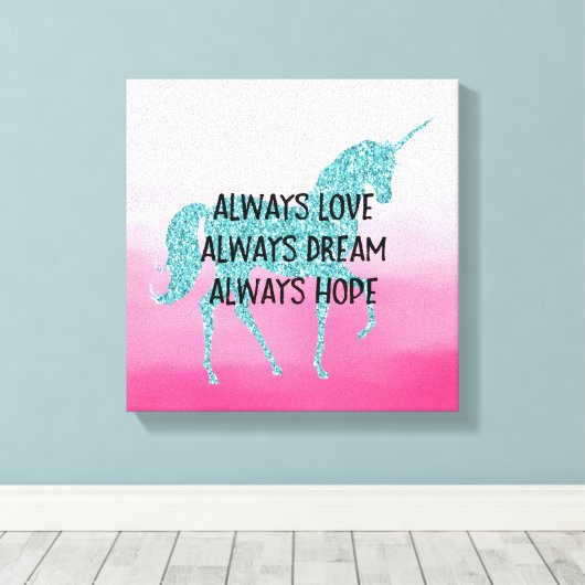 Roze Glitzy Glitter Aqua Unicorn Canvas Afdruk (Insitu (Houten vloer))