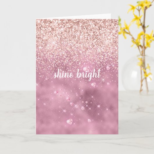 Roze Glitzy Glitter Harten Kaart (Gele Bloem)