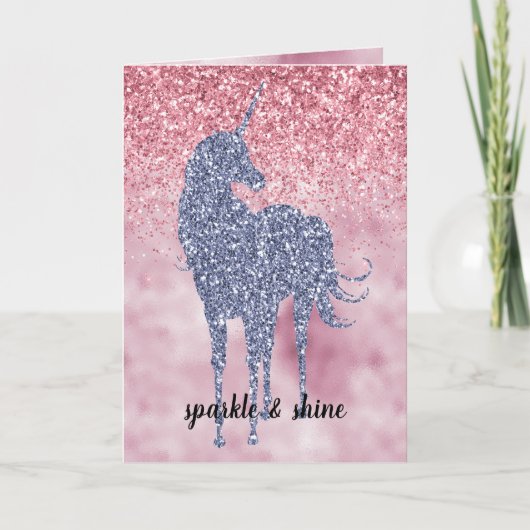 Roze Glitzy Glitter Paarse Eenhoorn Notitiekaartje (Voorkant)