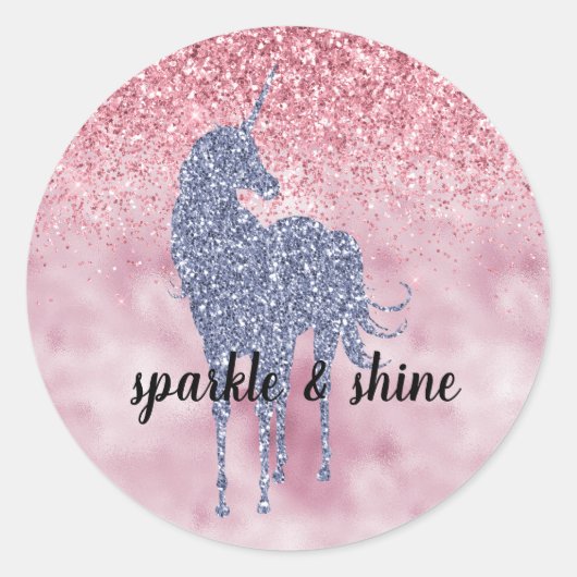 Roze Glitzy Glitter Paarse Eenhoorn Ronde Sticker (Voorkant)