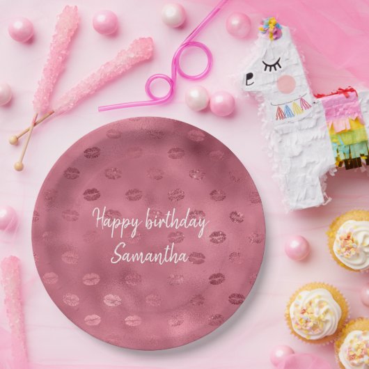 Roze Glitzy Lips Papieren Bordje (Feest)