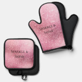 Roze Glitzy Sparkle gepersonaliseerd Ovenwant & Pannenlap Set (Voorkant / Achterkant)
