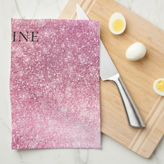 Roze Glitzy Sparkle gepersonaliseerd Theedoek (Quarter Fold)