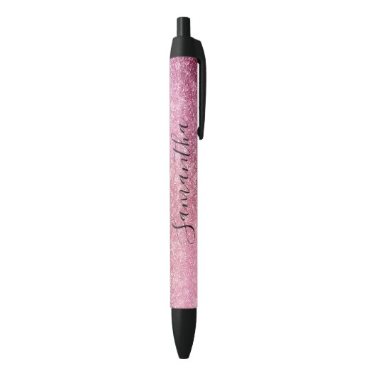 Roze Glitzy Sparkle gepersonaliseerd Zwarte Inkt Pen (Achterkant (Verticaal))