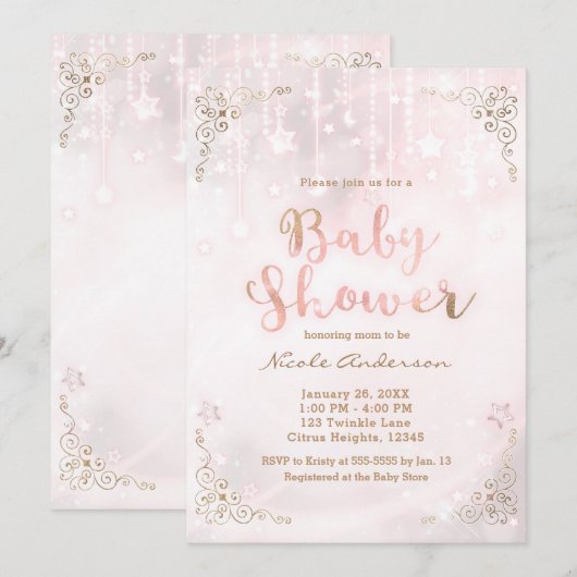 Roze gloed & gouden hemelse glans baby shower kaart (Voorkant / Achterkant)