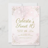 Roze Gloed & Gouden Hemelse Glitter Sweet 16 Feest Kaart (Voorkant)