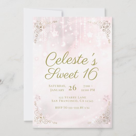 Roze Gloed & Gouden Hemelse Glitter Sweet 16 Feest Kaart (Voorkant)