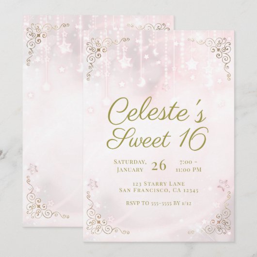 Roze Gloed & Gouden Hemelse Glitter Sweet 16 Feest Kaart (Voorkant / Achterkant)
