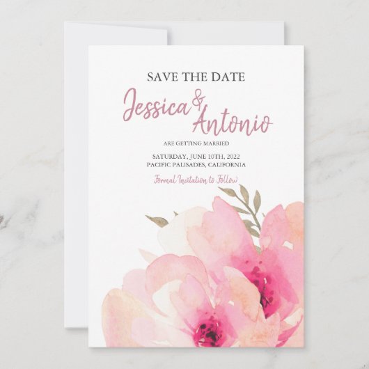 Roze Gloed Waterverf Pioen Save The Date Trouwkaar (Voorkant)