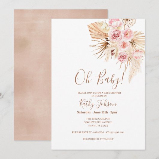 Roze gloeidraad Pampas Grass Boho Chic Baby shower Kaart (Voorkant / Achterkant)