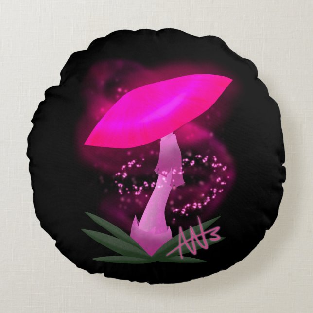  roze gloeiende paddenstoel rond kussen (Voorkant)