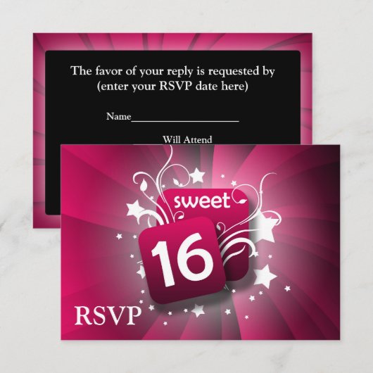 Roze gloeiende zwenken en stembanden zoet 16 RSVP kaartje (Voorkant / Achterkant)